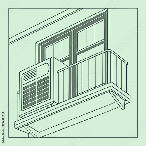 Modern air conditioner unit mounted on a balcony outside a window, rendered in a clean, isometric, teal-toned illustration.