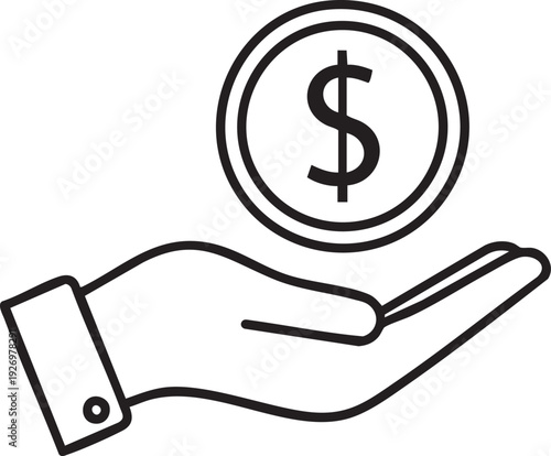 Minimal line icon of hand holding dollar coin on transparent backdrop