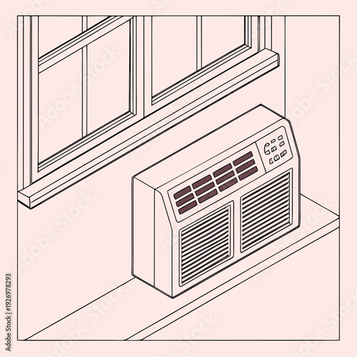Retro window air conditioning unit installed on a windowsill, depicted in a detailed, isometric, minimalist illustration with a pinkish hue.
