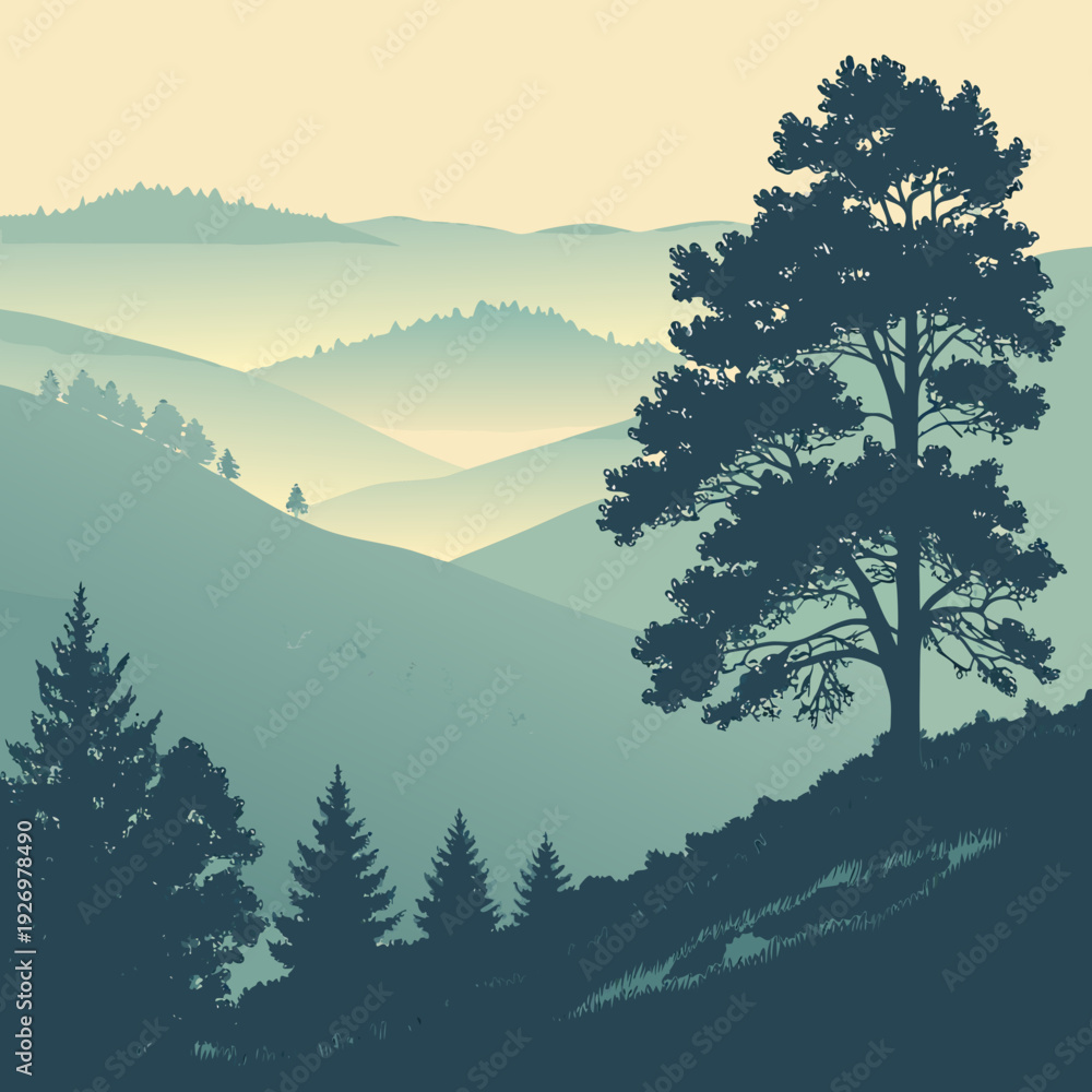 Fototapeta premium Serene layered landscape illustration with silhouettes of trees and rolling hills in misty blue and yellow hues.