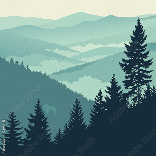 Misty mountain range vista with layered evergreen forest silhouettes in shades of blue and green.