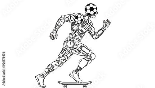 A robot playing soccer on a skateboard with a ball