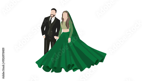 A beautiful Indian couple illustration in traditional wedding attire standing together