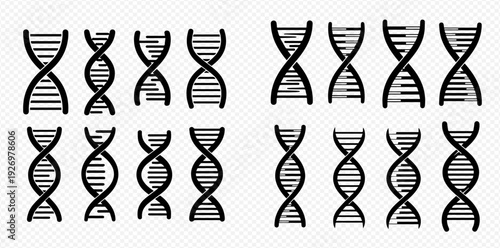 Set of hand-drawn DNA helix icons, representing genetics, biology, and scientific research in a doodle style.
