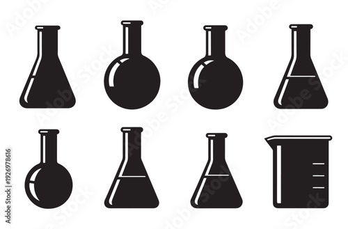  Science laboratory glassware icon set including erlenmeyer flasks round bottom flask beaker and boiling vessel silhouette symbols isolated on transparent background for chemical research