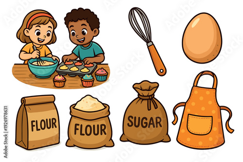 Collection of cute cartoon baking clip art showing two diverse kids making cupcakes, along with ingredients like flour, sugar, an egg, and tools like a whisk and an apron