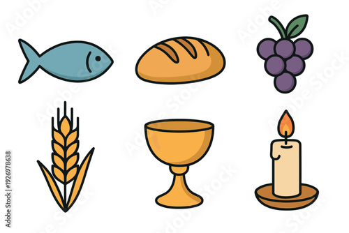Set of Christian religious symbols including a fish, bread, grapes, wheat, chalice, and candle in a simple flat icon style for spiritual and faith-based themes