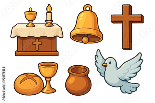 Collection of Christian religious symbols illustrated in a cartoon style, including a cross, dove, altar, bell, chalice, bread, and wine for communion or worship concepts