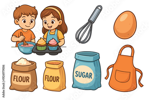 Cartoon baking clip art set with children, cupcakes, flour, sugar, egg, whisk, and apron illustrations for educational or creative projects