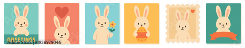Six cute cartoon rabbits are featured in a collection of colorful cards, each displaying a different festive or friendly gesture in a charming flat design style