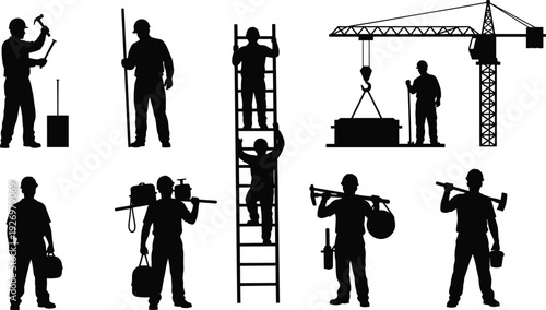 Construction worker silhouettes set with ladder crane tools and equipment black vector icons collection isolated on white background industrial labor illustration