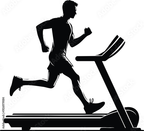 A fit man working out running intensely on a modern electronic treadmill vector illustration on a white background