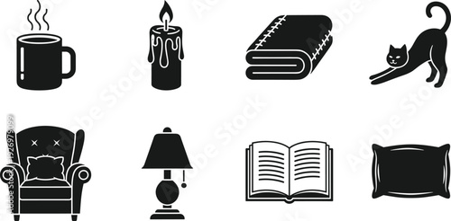 Cozy home comfort icons set with coffee mug candle blanket cat armchair lamp book and pillow black silhouette vector illustration minimal flat design clipart