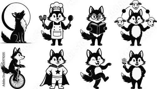 Cute cartoon fox characters set in different professions and activities black and white vector illustration collection isolated on white background