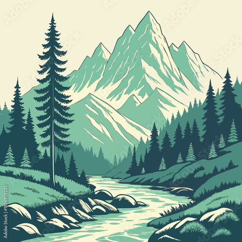 Vibrant illustration of a pristine mountain river meandering through a lush forest with a grand snow-capped peak in the background.