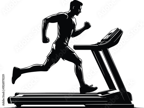 A fit man working out running intensely on a modern electronic treadmill vector illustration on a white background