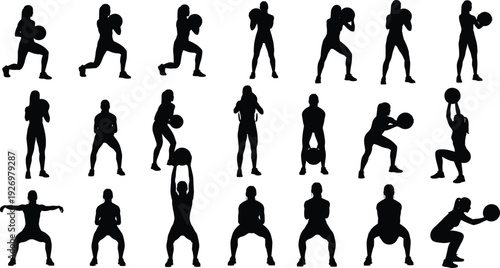 Fitness training silhouettes collection featuring men and women performing squats, lunges, ball exercises and strength workout poses isolated vector illustration set