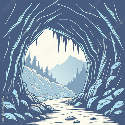 Dramatic ice cave entrance framing a serene winter landscape of snow-covered mountains and a frozen river, in a stylized blue palette.