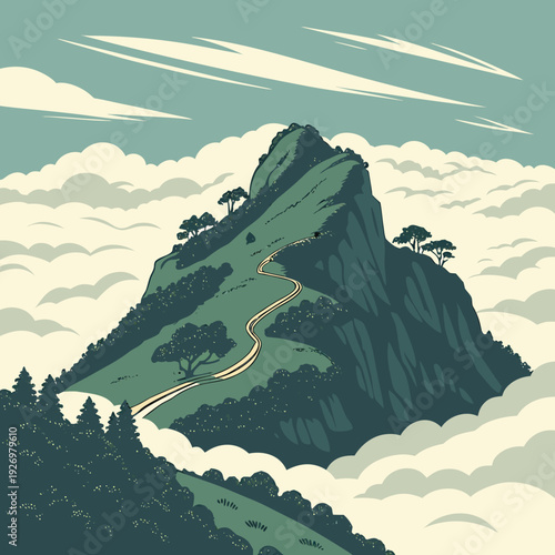 A winding path leads to a lush green mountain peak emerging from the clouds, surrounded by trees and a serene sky.