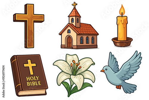 Collection of Christian religious symbols including a cross, church, candle, bible, lily, and dove, illustrated in a clean and colorful cartoon style for spiritual concepts