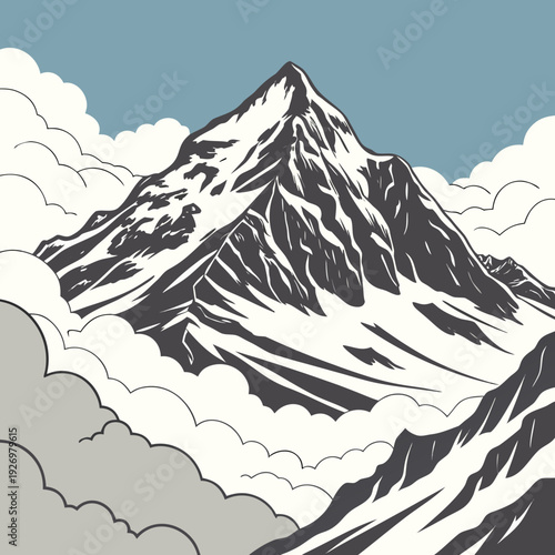 Dramatic snow-capped mountain peak piercing through soft clouds, rendered in a striking graphic style with bold lines.