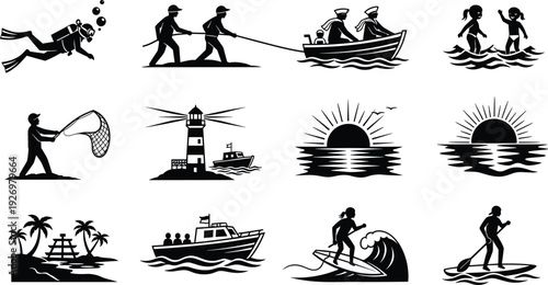 Marine adventure silhouettes set featuring scuba diver, fishermen, boat crew, lighthouse, tropical island, sunset seascape, surfing and paddleboarding vector illustration collection