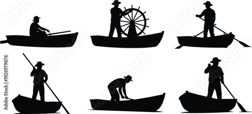 Silhouettes of Fishermen in Wooden Boats Collection, Traditional Maritime Occupations, Rowing, Sailing and Net Casting Isolated on White Background Vector Style Illustration