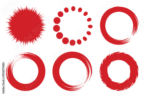 Set of red brush stroke circle frames and starburst sun shapes on transparent background for creative graphic design and marketing layout