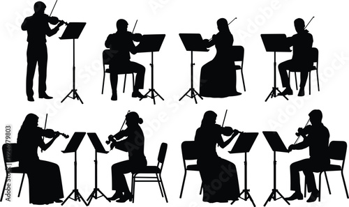 String quartet and violinist silhouettes performing classical music with music stands isolated on white background for orchestra concert and chamber ensemble concepts