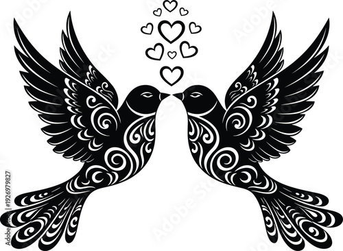 Love birds with hearts and ornate decorative wings illustration