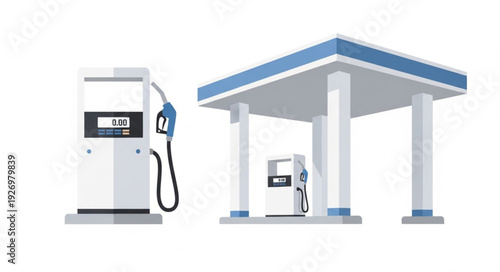 Gas station illustration featuring fuel pump and canopy, ready for use.