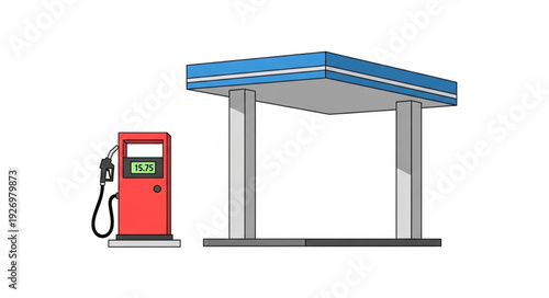 Gas station with a red pump and a blue roofed canopy structure.