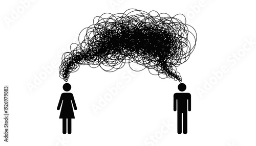A confused couple with a chaotic thought bubble above their heads in black silhouette