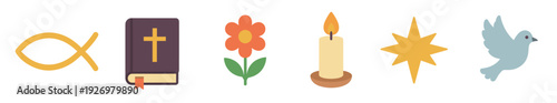 Set of six Christian religious symbols including a fish, bible, flower, candle, star, and dove in a flat minimalist illustration style for spiritual and faith-based concepts