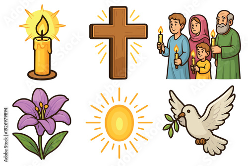 Set of six Christian Easter icons featuring a wooden cross, a family holding candles, a dove with an olive branch, a purple lily, a sun, and a lit paschal candle in a cartoon style
