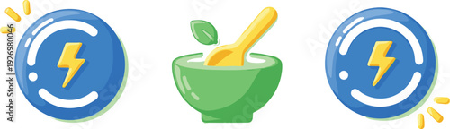 Natural energy concept illustration with herbal medicine bowl and lightning power icons in colorful cartoon vector style