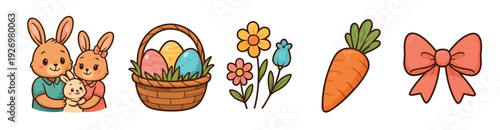 Cute set of Easter holiday icons featuring a bunny family, a basket of eggs, flowers, a carrot, and a bow in a charming hand-drawn cartoon style for spring celebrations