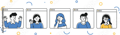 Online video call characters in browser windows flat vector illustration with diverse people avatars for virtual meeting concept design