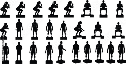 Human body silhouette set showing squat exercise positions and standing male figures on podiums, fitness training illustration isolated on white background