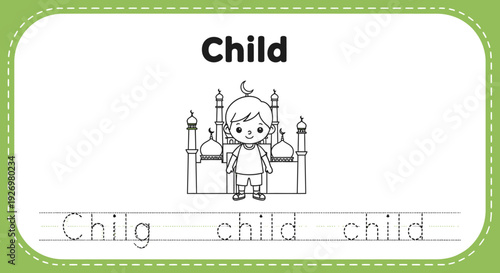Child learning tracing worksheet with cute boy illustration
