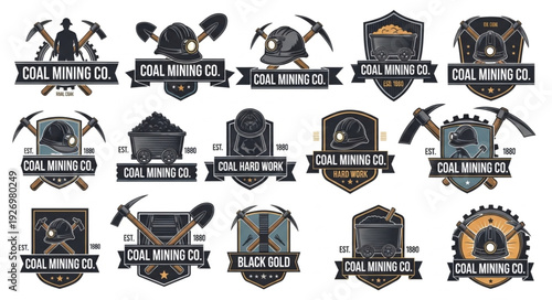 Collection of vintage coal mining company emblems and logos in monochrome style.