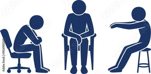 Three figures in blue on white background person sitting