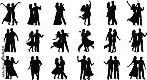 Collection of dancing couples silhouettes in various ballroom and social dance poses isolated on white background, elegant movement and romantic celebration concept
