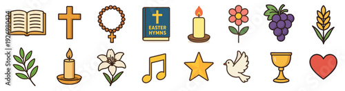 Set of colorful Christian religious icons for Easter celebration including a cross, bible, dove, chalice, rosary, and lily flower in a flat illustrative style