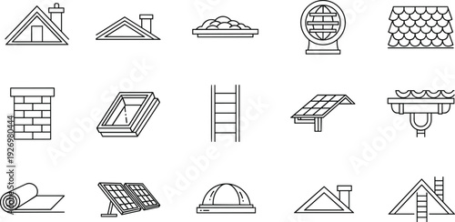 Roof construction line icons set with chimney ladder shingles solar panels skylight gutter and roofing materials vector illustration