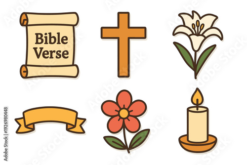 Christianity icon set featuring a Bible verse scroll, a cross, an Easter lily, a ribbon banner, a simple flower, and a lit candle in a flat vector illustration style