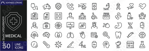 Medical related icon collections. Containing surgeons, dispatcher, nurses, medical assistants, healthcare and support staff. Editable stroke. Outline icons. Vector illustration.