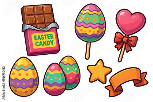 Colorful cartoon collection of Easter candy including a chocolate bar, decorated eggs, lollipops, a star, and a ribbon, illustrated in a fun and festive holiday style