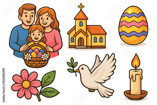 Collection of cute Easter holiday icons featuring a happy family, church, decorated egg, dove of peace, candle, and flower in a charming cartoon illustration style for spring celebration