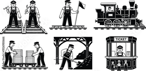 Vintage Railroad Workers and Steam Locomotive Vector Illustration Set Featuring Railway Maintenance, Track Repair, Ticket Booth, and Industrial Transportation Scenes in Black and White